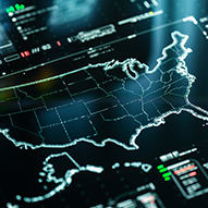 Outline map of United States of America concept with data charts representing communication, internet and technology